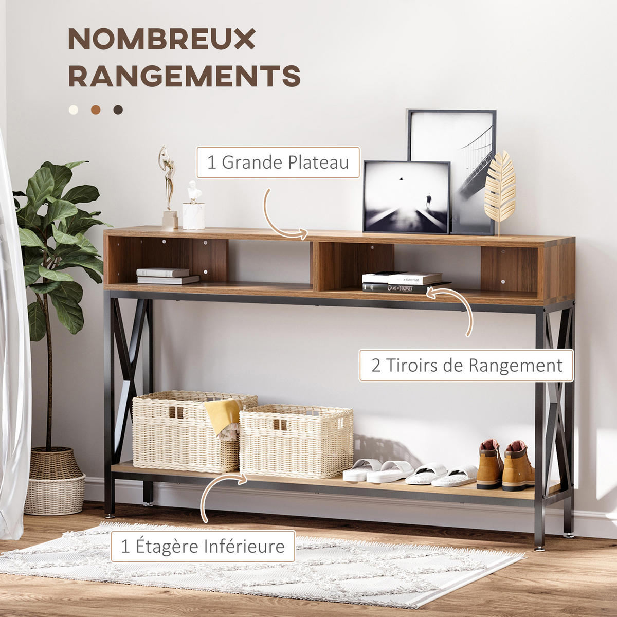 KONSOLENTISCH DE-16746 Industrie-Design mit Ablage Nussbaum - Braun, Holzwerkstoff (120/23/75cm) - ComfortXL