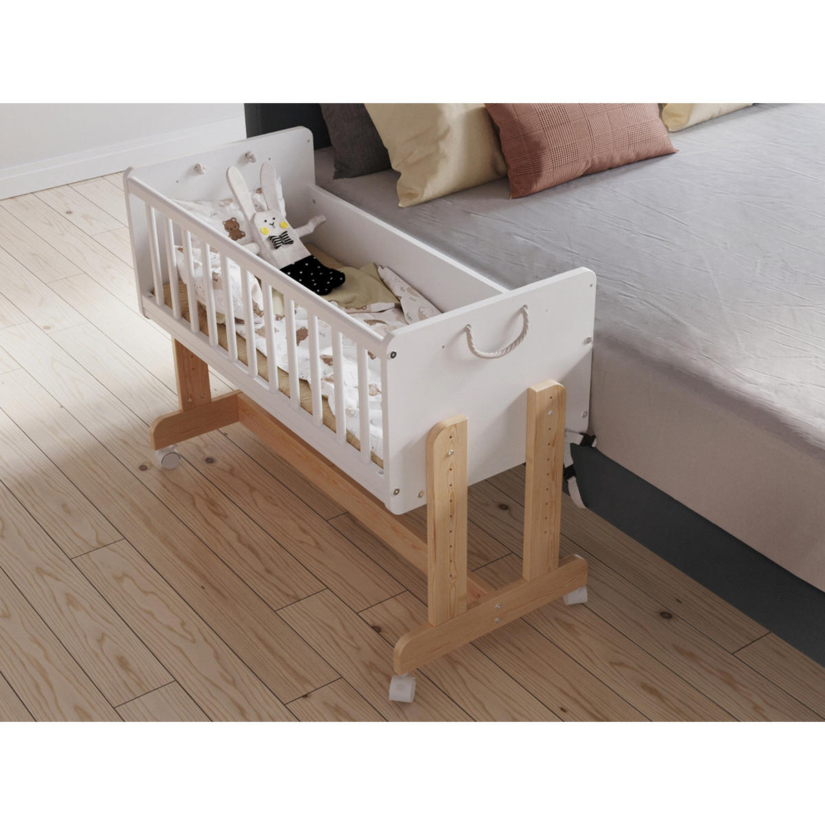 BEISTELLBETT Ornella, Wiege 5 in 1 inkl. Matratze Weiß und Kiefer - Kieferfarben, Holz (40/90cm) - Premiers Moments