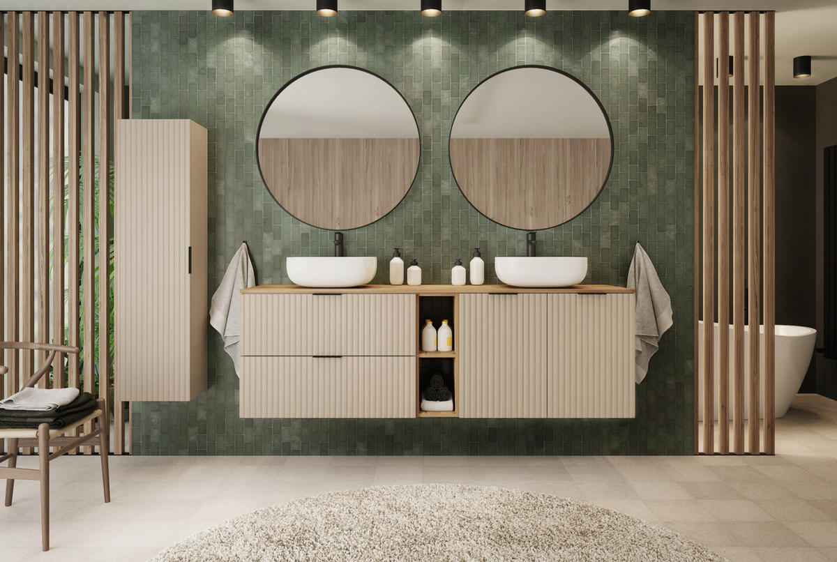 WASCHBECKUNTERSCHRANK FLOW mit Regal + Platte Eiche Craft 160/57/46 cm - Eichefarben, Holzwerkstoff (160/57/46cm) - Rodan