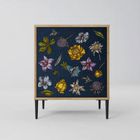 SIDEBOARD FLOWERS ON NAVY BLUE, Eichefarben, 57,5x42x72,5 cm, Schwarze Metallfüße - Eichefarben/Multicolor, Holzwerkstoff/Metall (57.5/72.5/42cm) - SpaceRebels