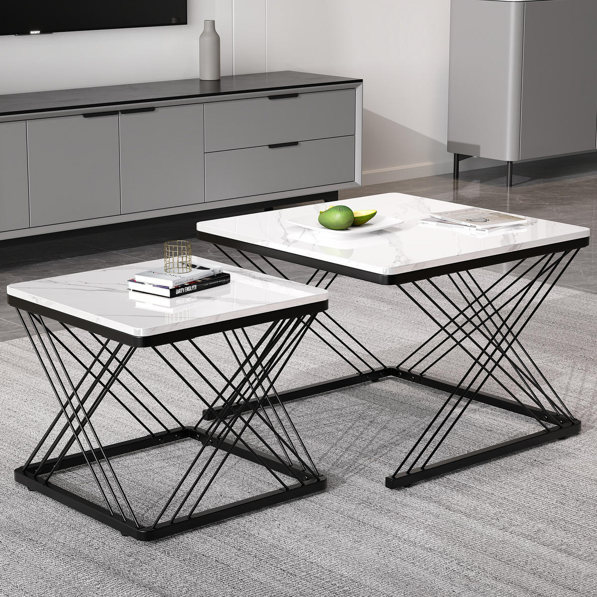 COUCHTISCH-SET mit Marmoroptik und höhenverstellbaren Füßen 60 × 60 × 45 cm & 45 × 45 × 40 cm - Weiß, Holzwerkstoff (60/60/45cm) - Luhomfu