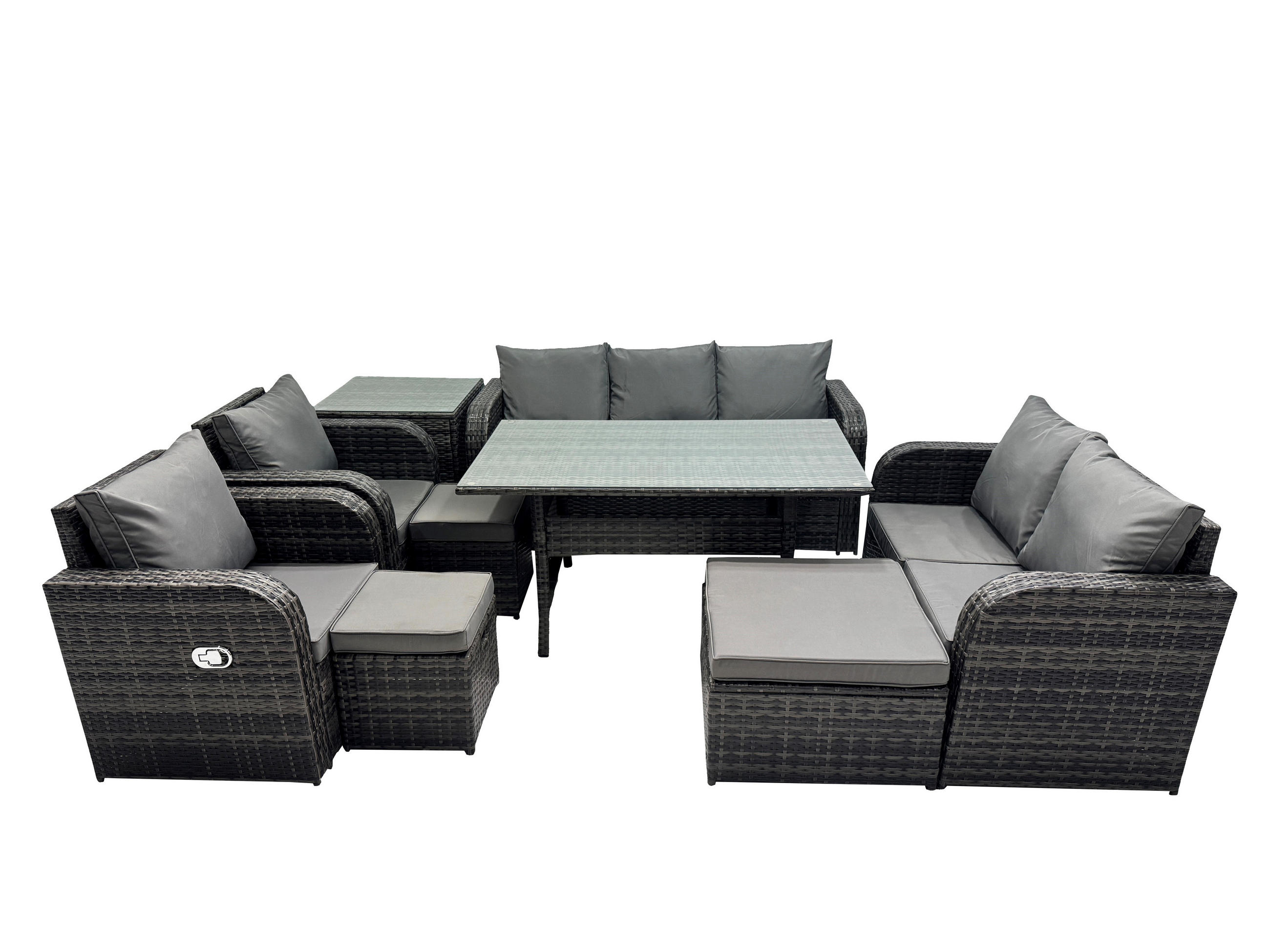 GARTENMÖBELSET mit Esstisch,3-Sitzer Sofa,3 Hockern,Beistelltisch Polyrattan Dunkelgrau 10-Sitzer - Dunkelgrau/Grau, Glas/Kunststoff - Fimous