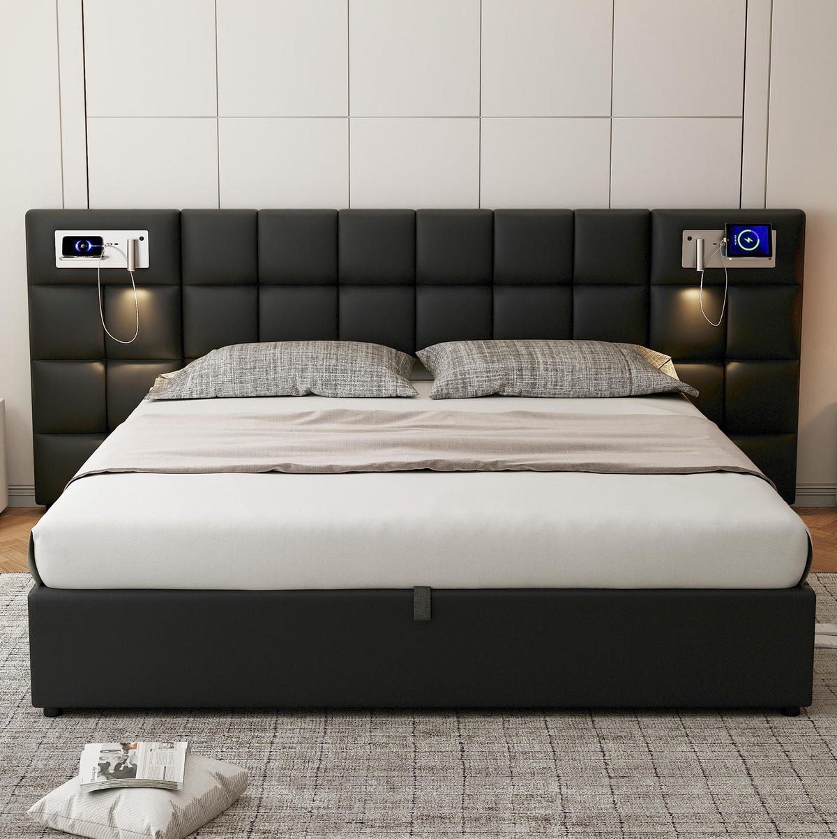 POLSTERBETT aus PU 180x200 cm Schwarz mit Stauraum, USB-Anschluss, kabellosem Laden und Beleuchtung - Schwarz, Leder (180/200cm) - IVMEU