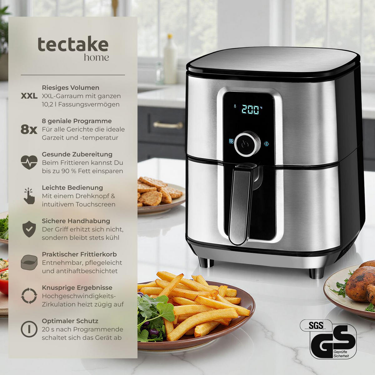 HEISSLUFTFRITTEUSE Ben, inklusive Rezeptheft, silber - Silberfarben, Textil (42.5/37/31cm) - tectake