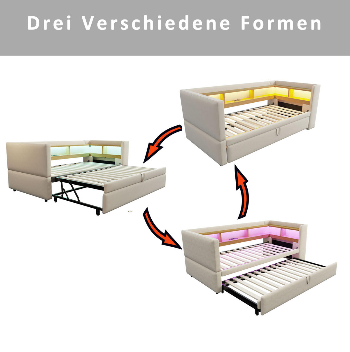POLSTERBETT 90/180 cm Beige aus Flanell mit LED und Steckdosen - Beige, Textil (90/190cm) - OKMYHOME