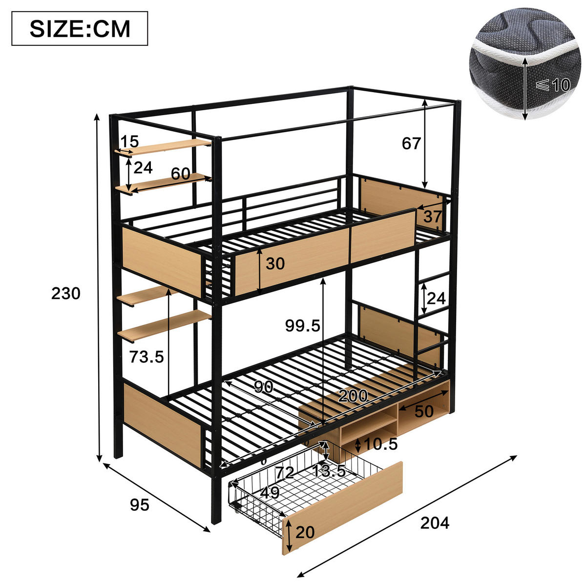 ETAGENBETT 90/200 cm Schwarz Natur mit Ablageboard und Schubladen ohne Matratze - Schwarz, Metall (90/200cm) - MIVRAY