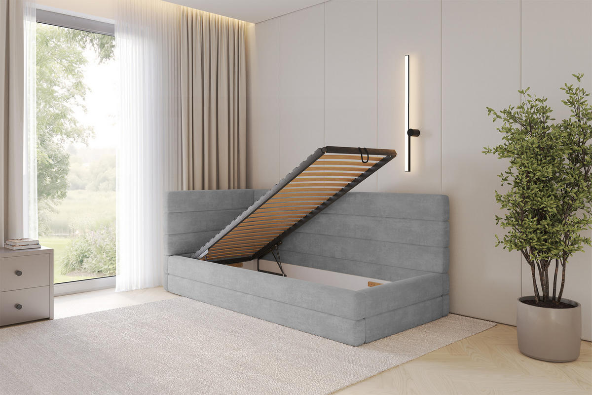 EINZELLBETT Jugendbett mit Bettkasten, Rechts - BEMY 90x200 Grau - Silberfarben, Holzwerkstoff/Textil (90/200cm) - ALTDECOR