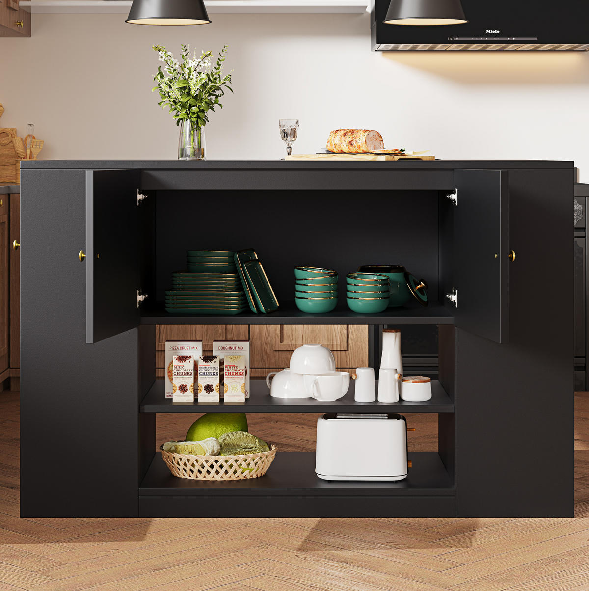 KÜCHENINSEL aus MDF mit Klapptisch & Stauraum, 140/40/90 cm, Schwarz - Schwarz, Holzwerkstoff (40/90/140cm) - Redom