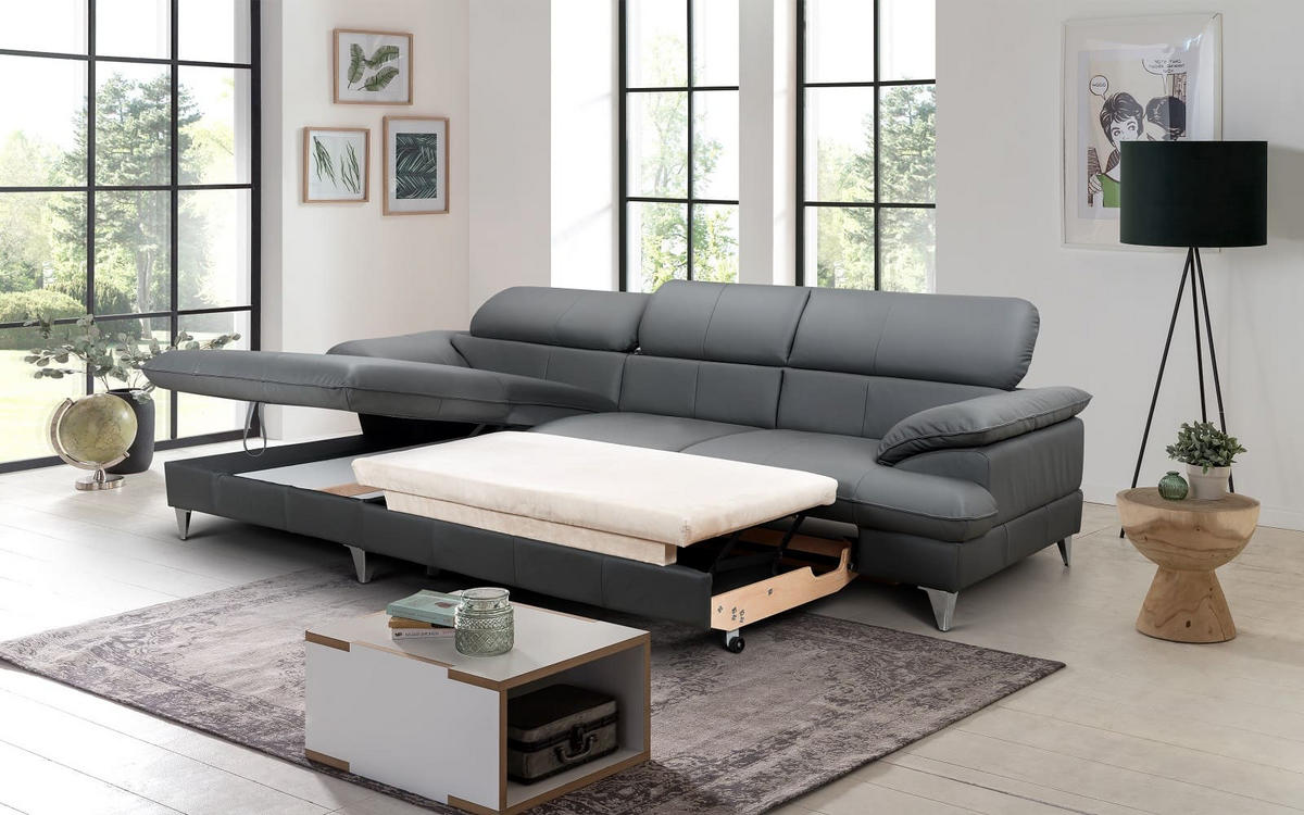 ECKSOFA mit Schlaffunktion und Bettkasten, Echtleder - Chromfarben/Anthrazit, Leder/Holz (254/167cm) - Cotta