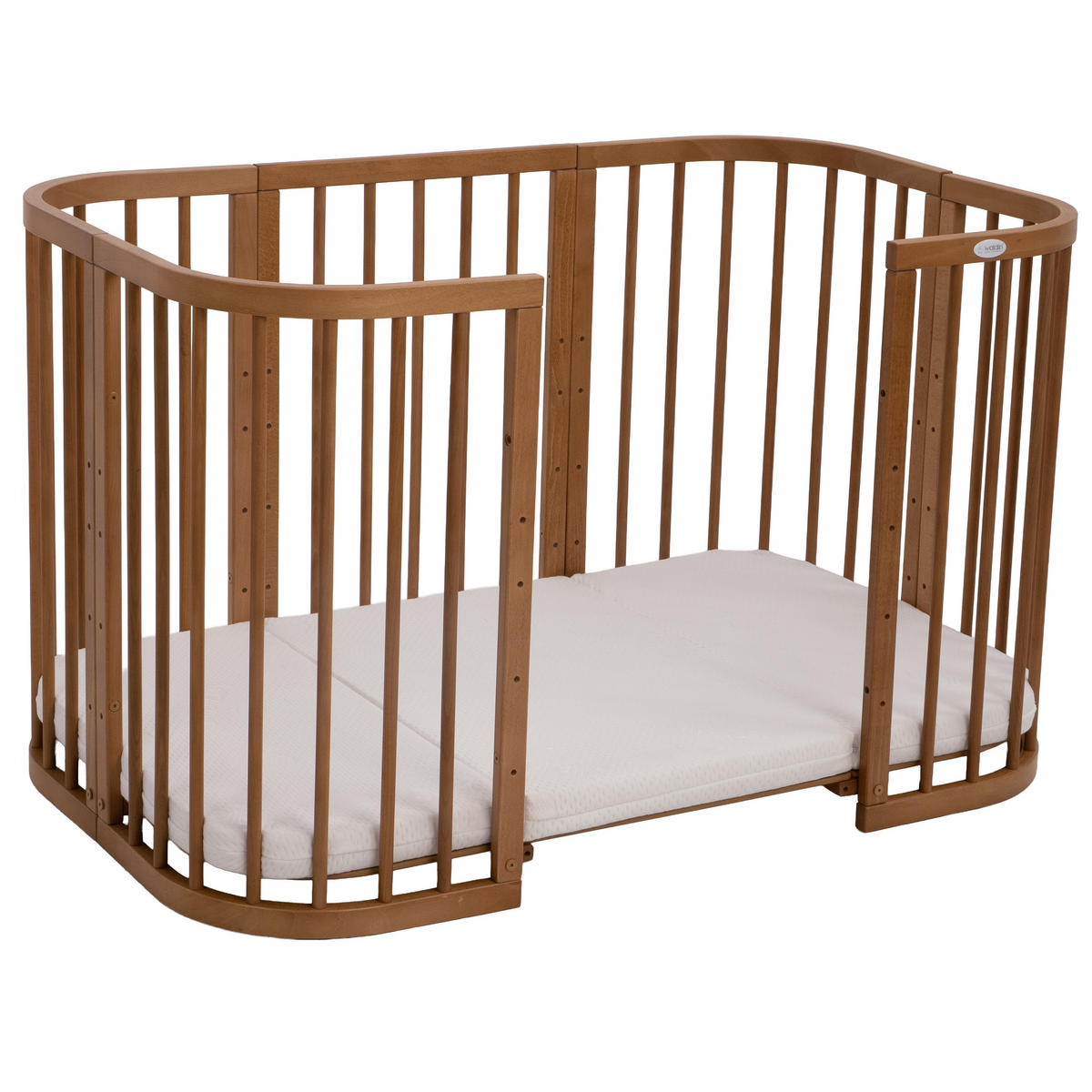 PĂTUȚ bebe Vintage, 7in1 cu saltea - maro, material textil/lemn (73/123cm) - waldin
