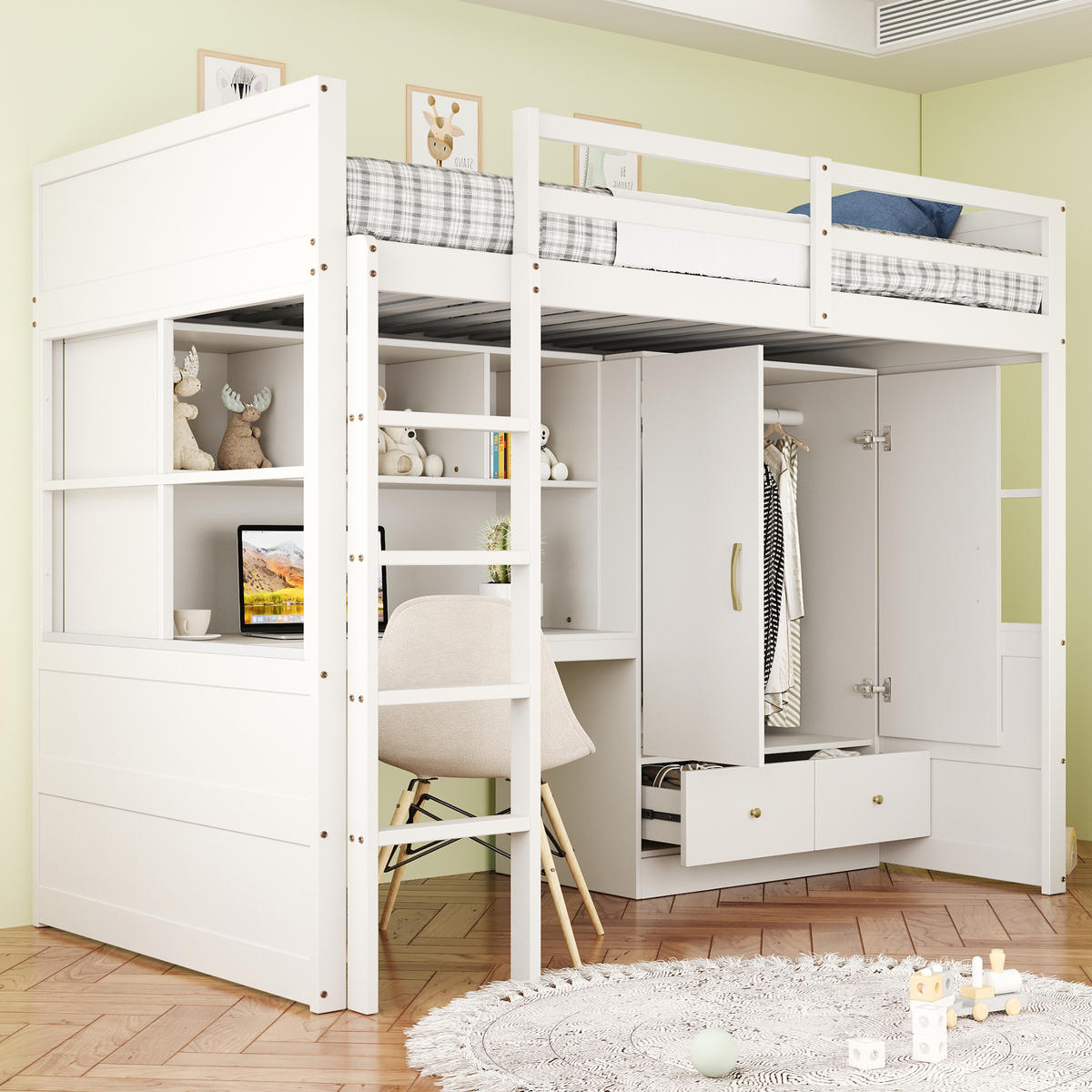 HOCHBETT 90/200 cm Weiß aus Holz mit Schreibtisch Stauraum und Kleiderschrank - Weiß, Holzwerkstoff (90/200cm) - OKWISH