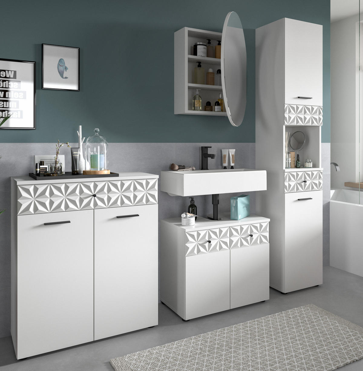 BADMÖBEL-SET weiß Hochglanz 4-teilig 200 cm, Komplettset mit 3D-Struktur - Weiß Hochglanz, Glas/Holzwerkstoff (205/187/37cm) - Inn.Furn