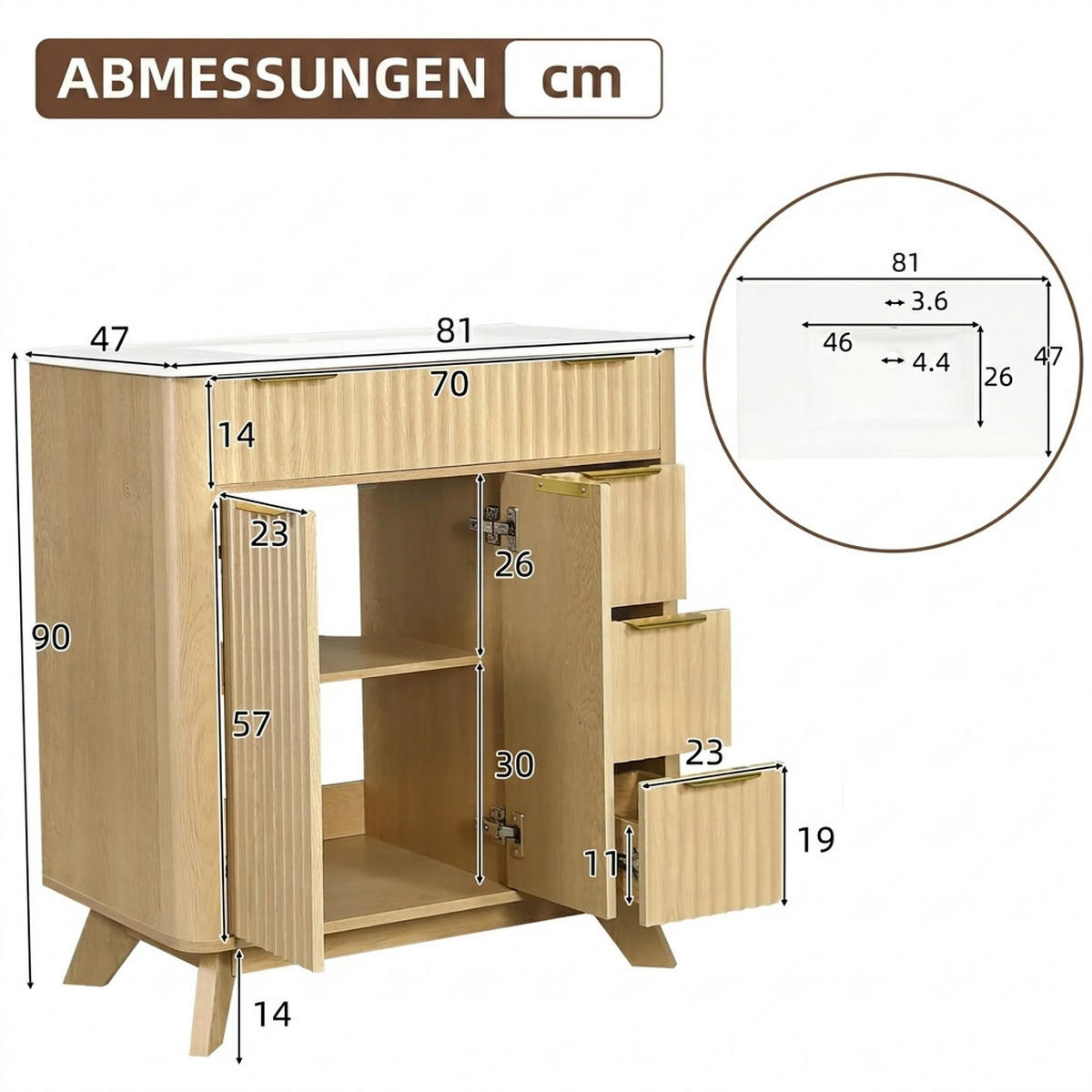 WASCHTISCHKOMBI 81/47/90 cm Naturholz mit 3 Schubladen und Schiebetür, ohne Wasserhahn - Naturfarben, Holz/Holzwerkstoff (47/90/81cm) - Oxeza