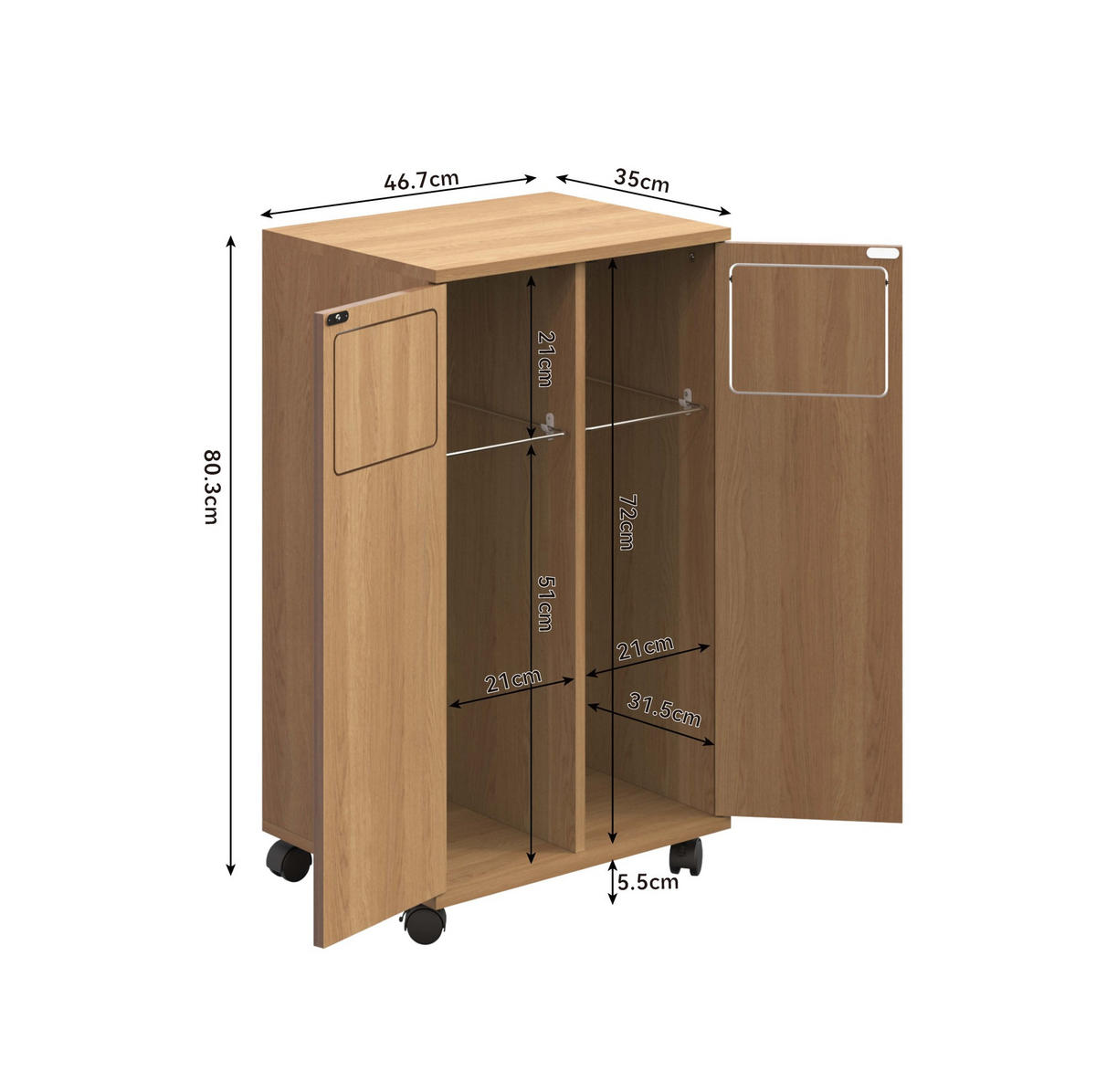 KOMMODE 46,7/35/80 cm aus MDF mit 2 Fächern, Rollen und 180° Türen, Natur - Naturfarben, Holzwerkstoff (46/80/35cm) - Redom