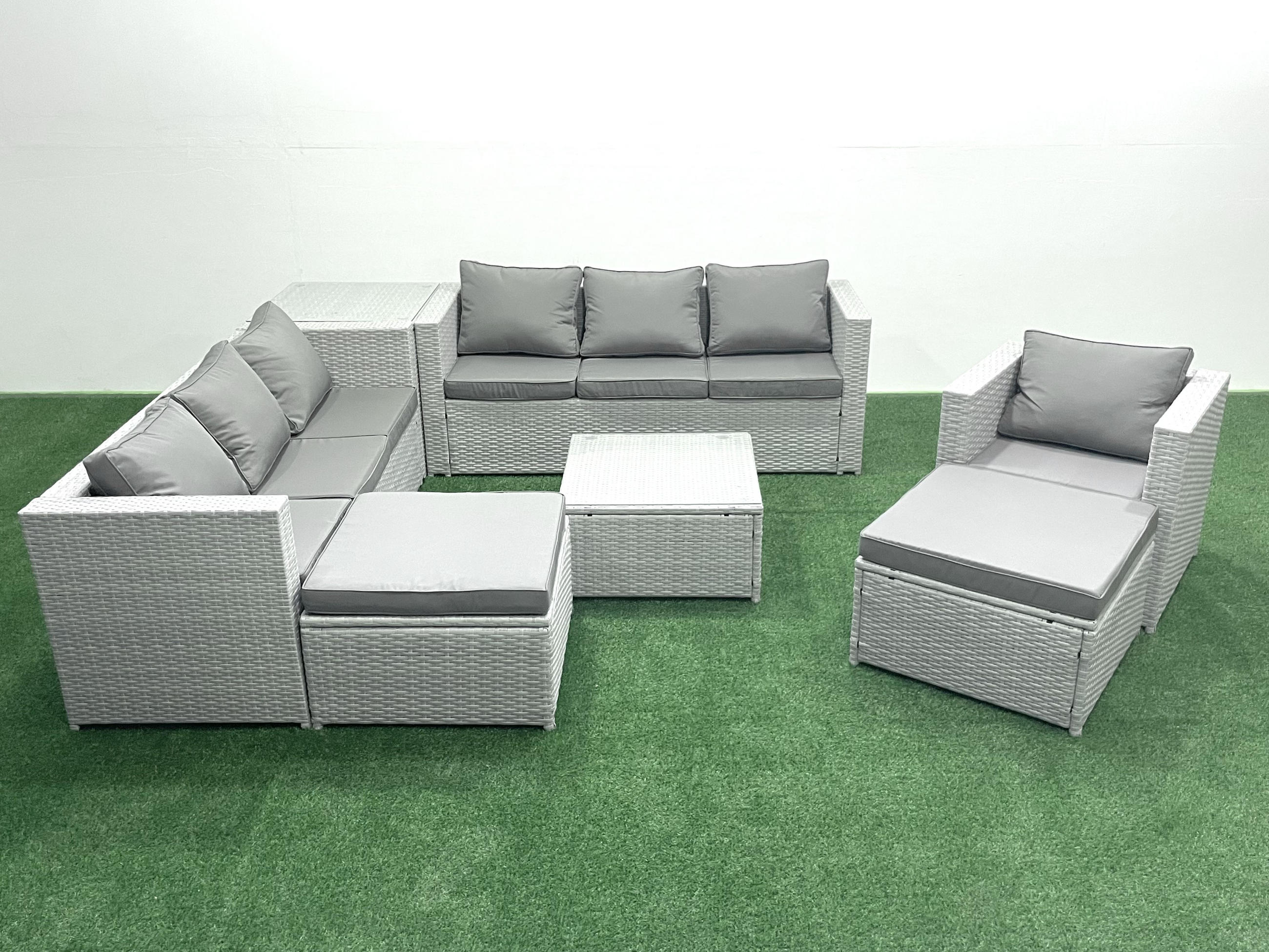 GARTENMÖBEL-SET mit Kissen Polyrattan Hellgrau-Mix 9-Sitzer - Hellgrau/Grau, Glas/Kunststoff - Fimous
