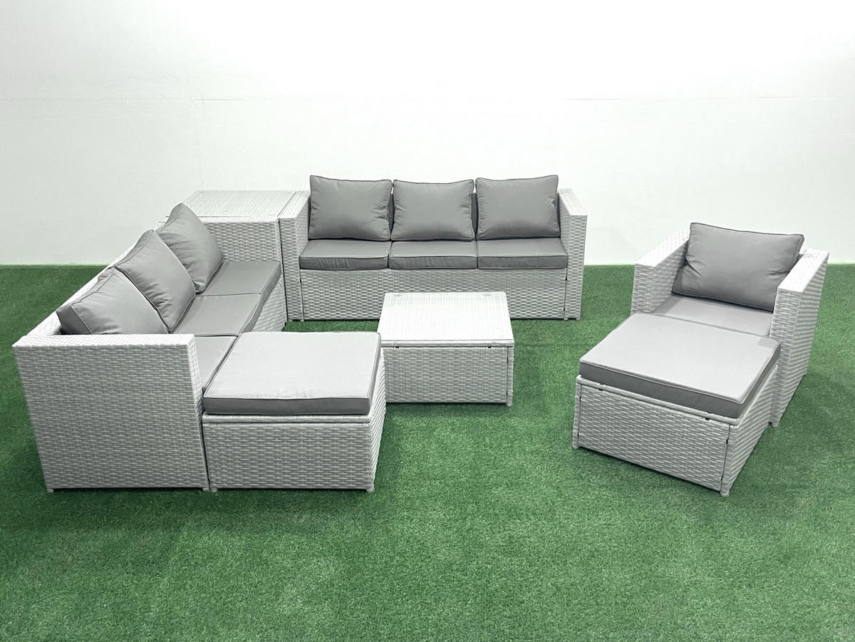 GARTENMÖBEL-SET mit Kissen Polyrattan Hellgrau-Mix 9-Sitzer - Hellgrau/Grau, Glas/Kunststoff - Fimous