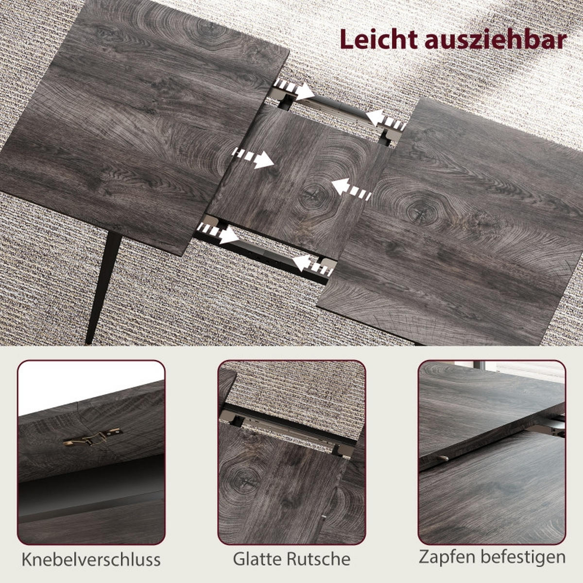 AUSZIEHTISCH 120-160/75/77 cm grau mit versteckter Einlegeplatte aus Holz - Grau, Holz (160/75/77cm) - OKWISH