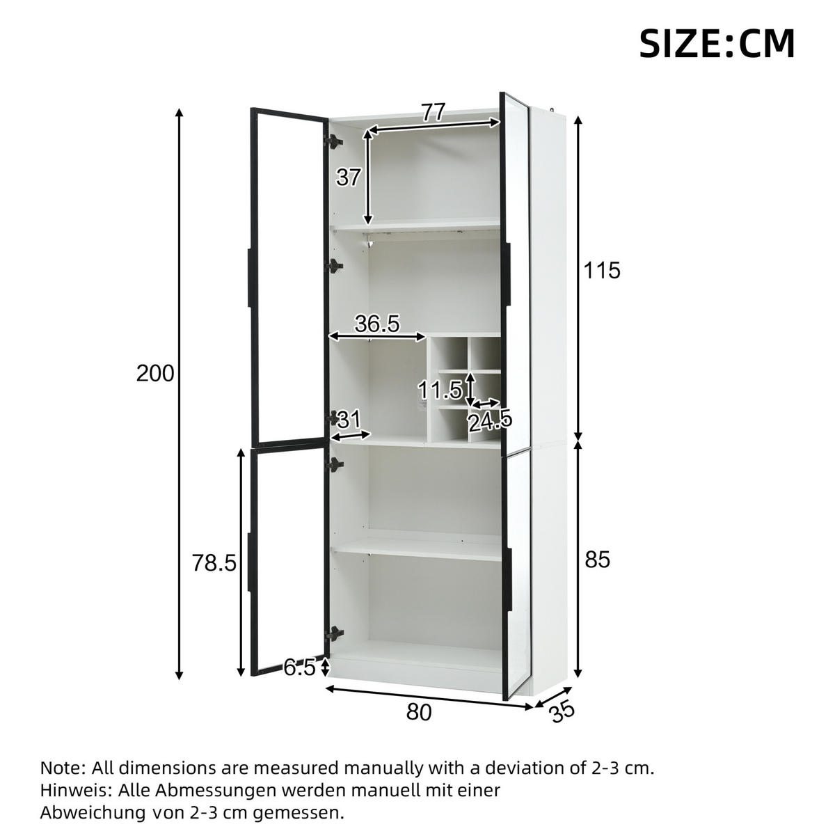 VITRINE 80/35/200 cm in Weiß mit LED-Beleuchtung und Weinfach - Weiß, Holzwerkstoff (80/200/35cm) - Flora Grace
