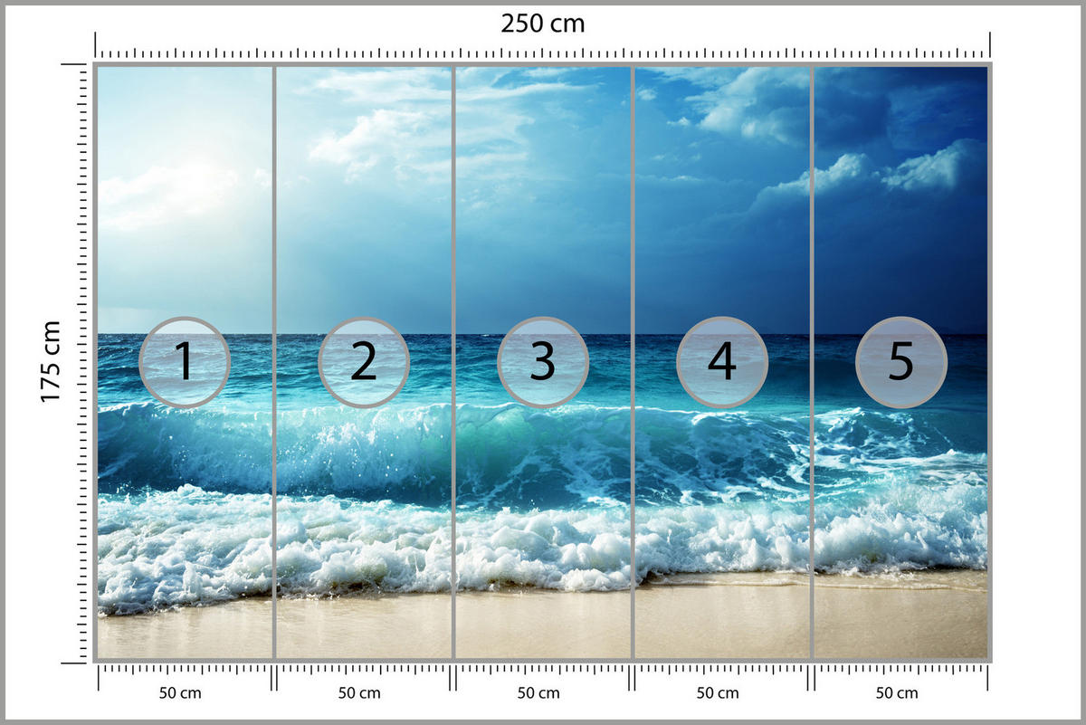 FOTOTAPETE Meer Wellen Strand Landschaft 3D 250x175 - Blau/Beige, Papier (250/175cm) - Muralo