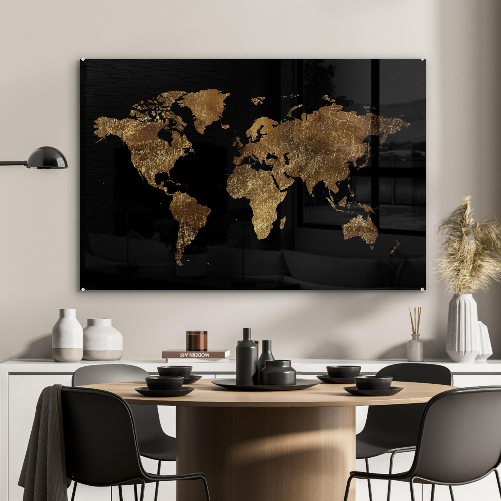 ACRYLGLASBILD Weltkarte - Gold - Luxus - Erde - Schwarz 120x80 cm - Goldfarben, Glas (120/80cm) - MuchoWow