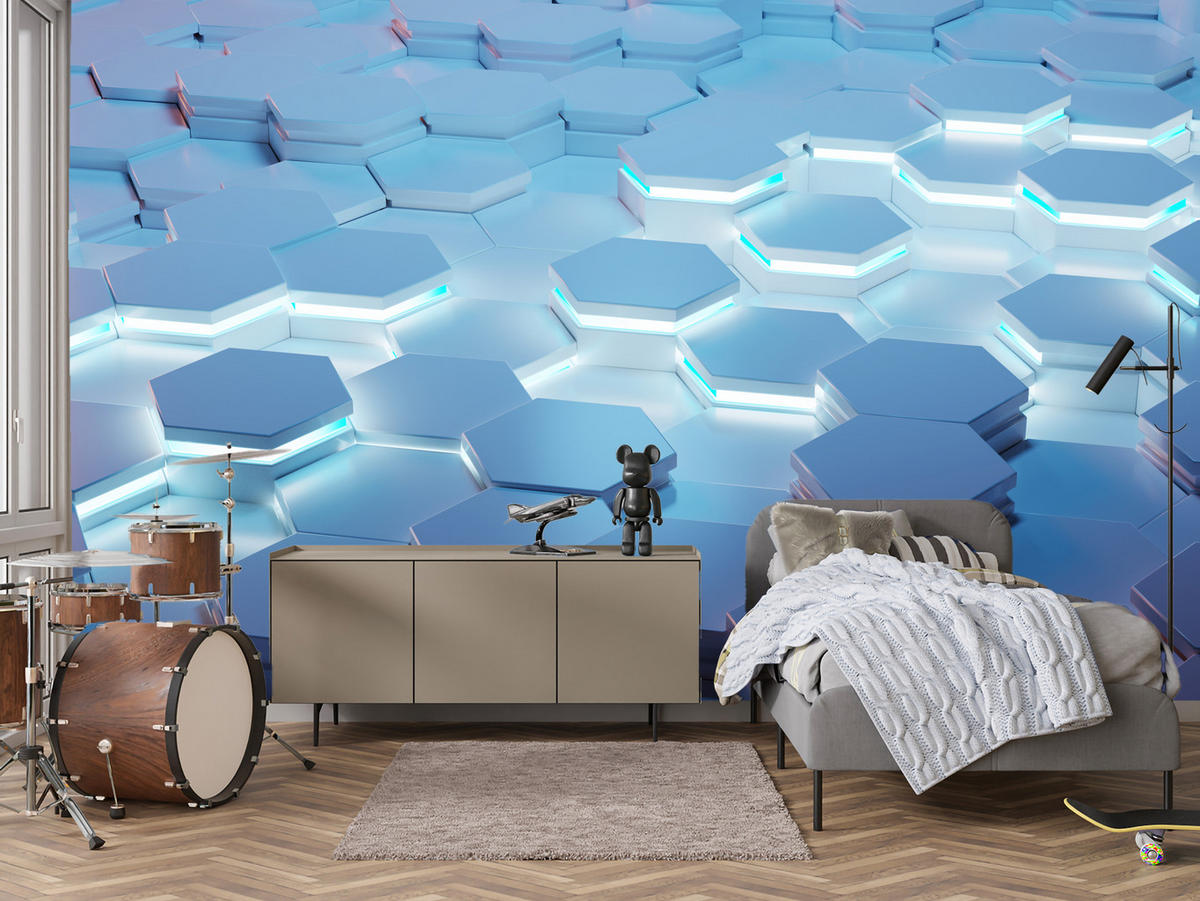 FOTOTAPETE für Jugendzimmer Blaue Neon Hexagone Formen Geometrie 400x280 - Blau/Weiß, Papier (400/280cm) - Muralo