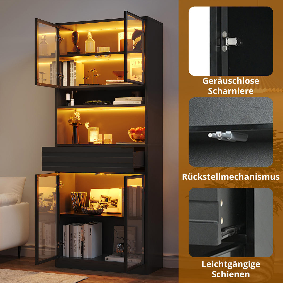 VITRINE 80x35x200 cm Schwarz mit RGB LED und 4 Glastüren - Schwarz, Holzwerkstoff (80/200/35cm) - FLIEKS