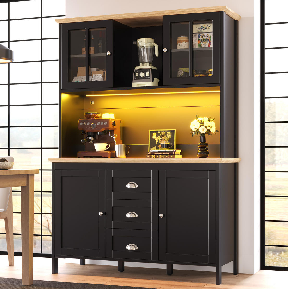 BUFFET 120/40/179 cm aus MDF und Metall mit LED-Beleuchtung Schwarz - Schwarz, Holzwerkstoff (120/179/40cm) - Modenvie