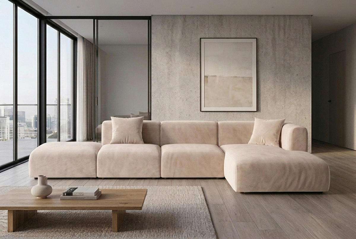 ECKSOFA L-Form Mit Hocker, Velvet-Stoff Bluvel, Creme, Rechts, GRETA - Creme, Holz (386/179cm) - Kaiser Möbel