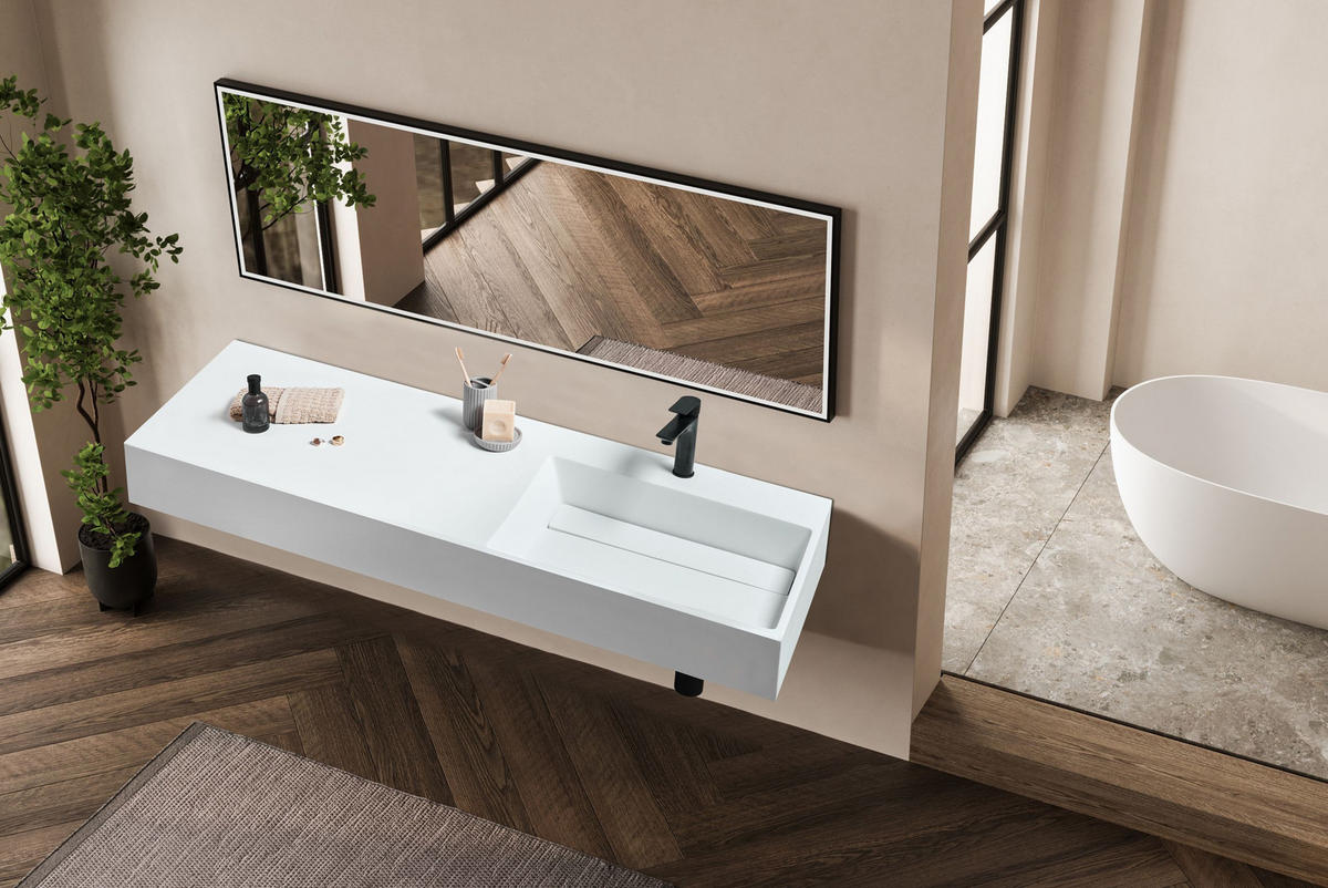 HÄNGEWASCHBECKEN Weiß 150/48 cm Mineralguss Cusco - Weiß, Naturmaterialien (150/13/48cm) - Beliani