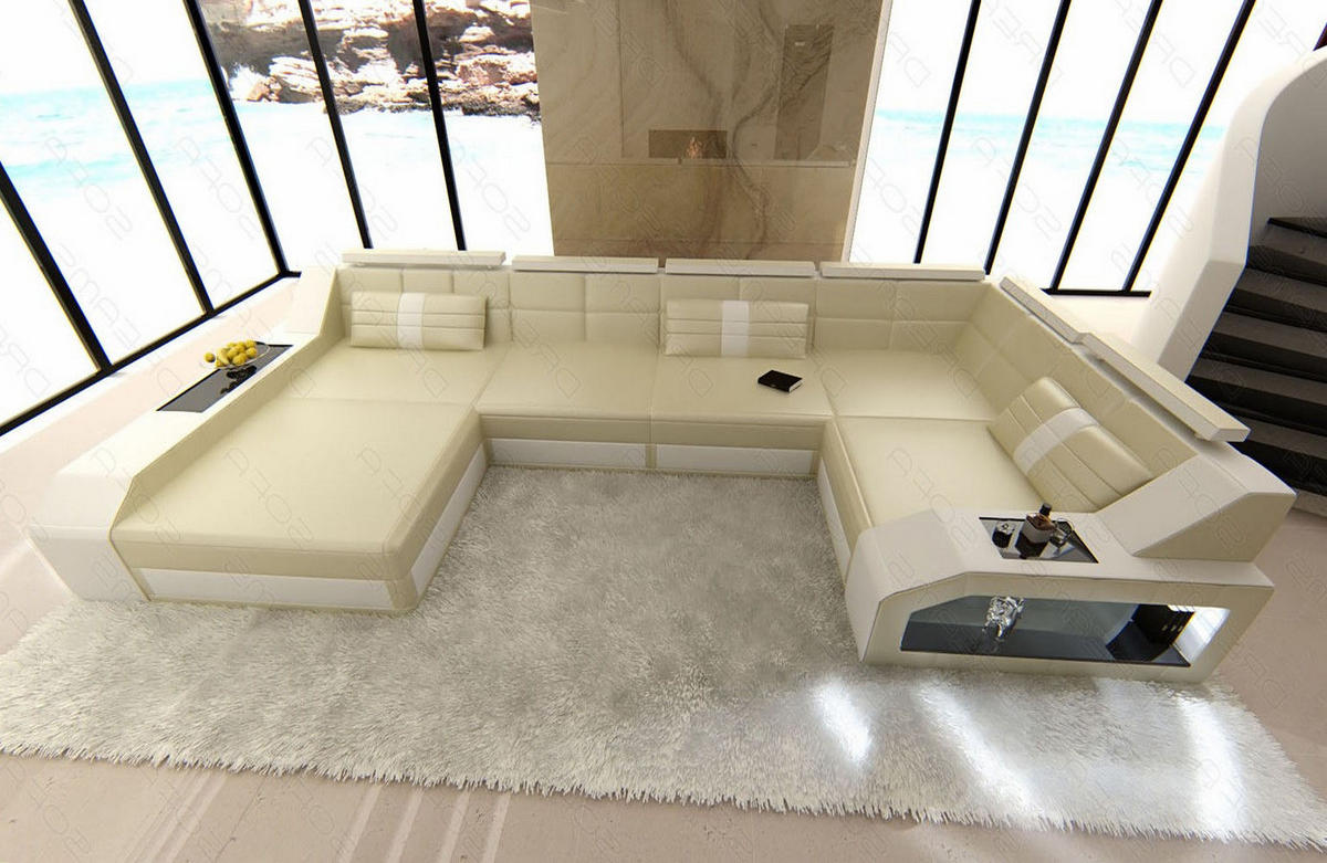 WOHNLANDSCHAFT Arezzo U - Beige/Weiß, Leder (380/86/197cm) - Sofa Dreams