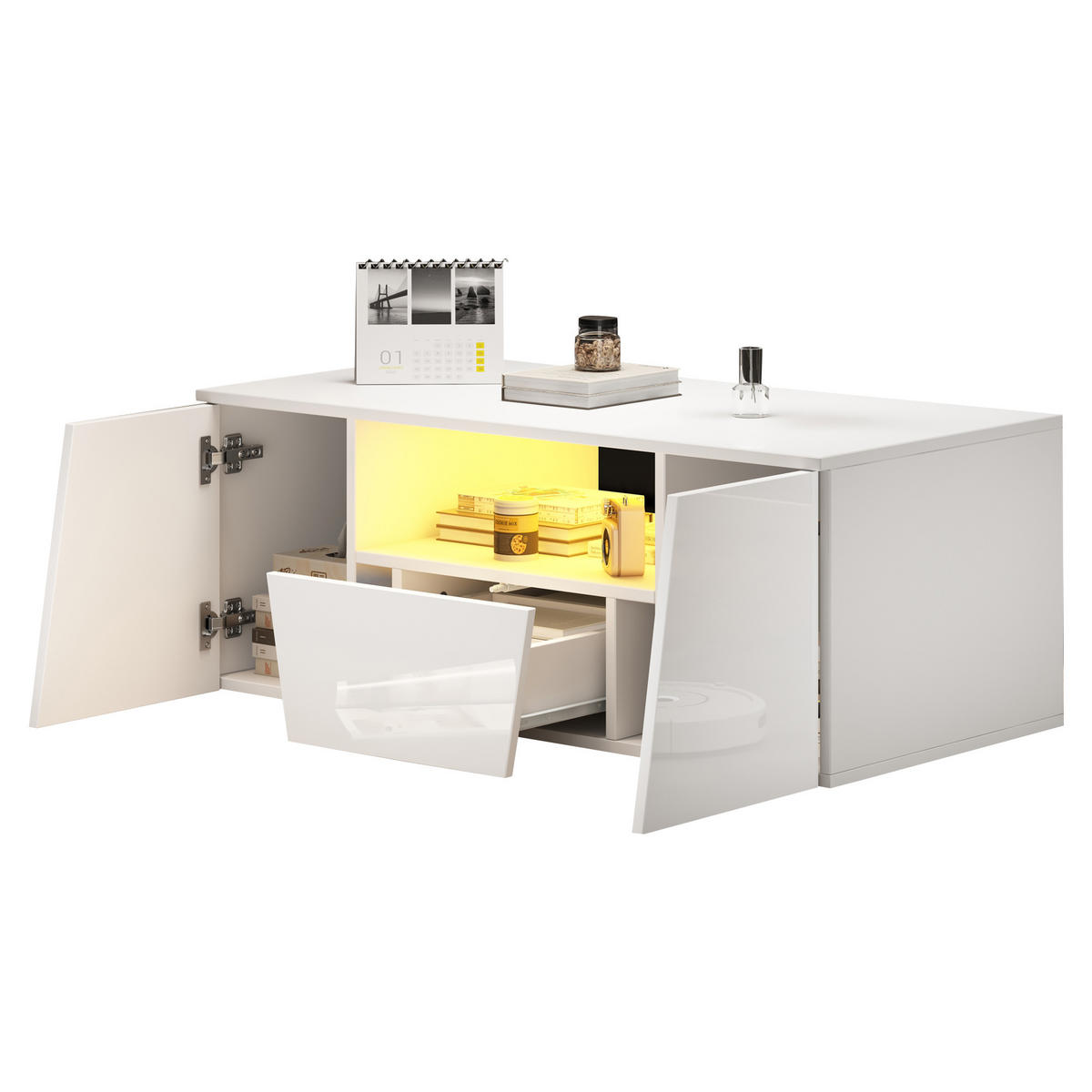 COUCHTISCH Weiß mit Hochglanzoberfläche & Front, App-gesteuerter LED und asymmetrischem Stauraum 100 × 50 × 40 cm - Weiß, Holzwerkstoff (50/100/40cm) - Luhomfu