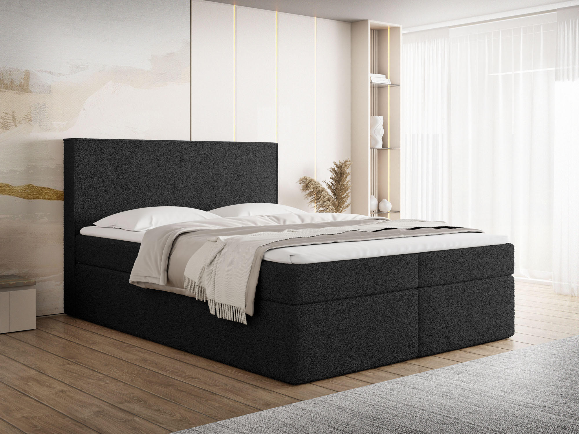 BOXBETT Terra mit Bettkasten, Schwarz Boucle 200x200 cm – inkl. H3 Matratze und H2 Visco Topper - Schwarz, Holzwerkstoff/Kunststoff (200/200cm) - WFL GROUP