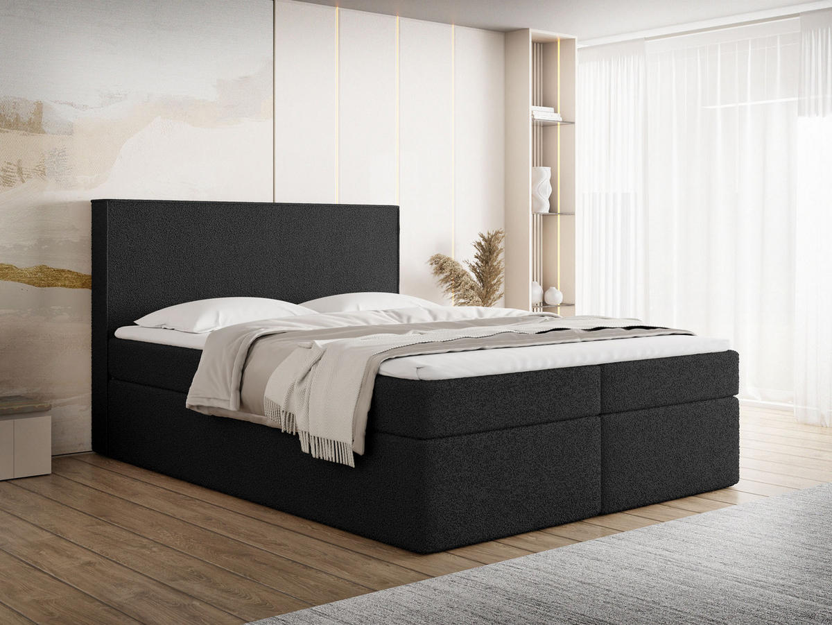BOXBETT Terra mit Bettkasten, Schwarz Boucle 180x200 cm – inkl. H3 Matratze und H3 Foam Topper - Schwarz, Holzwerkstoff/Kunststoff (180/200cm) - WFL GROUP