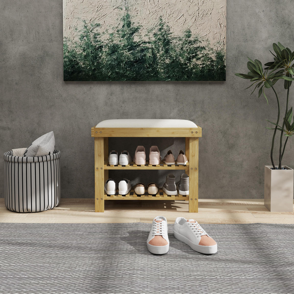 SCHUHBANK mit Sitzfläche, 60 x 29 x 49 cm Cremeweiß - Multicolor, Textil (60/49/29cm) - HOMCOM