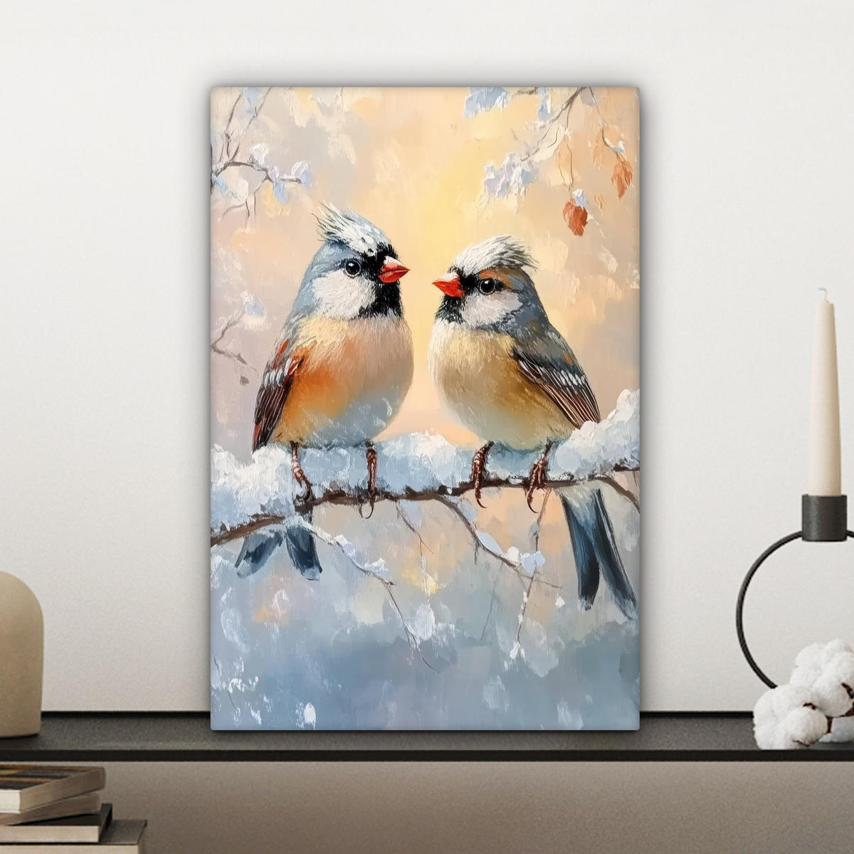 LEINWANDBILD Vögel - Zweig - Winter - Schnee Deko Wohnzimmer 20x30 cm - Pastellblau, Textil (20/30cm) - MuchoWow