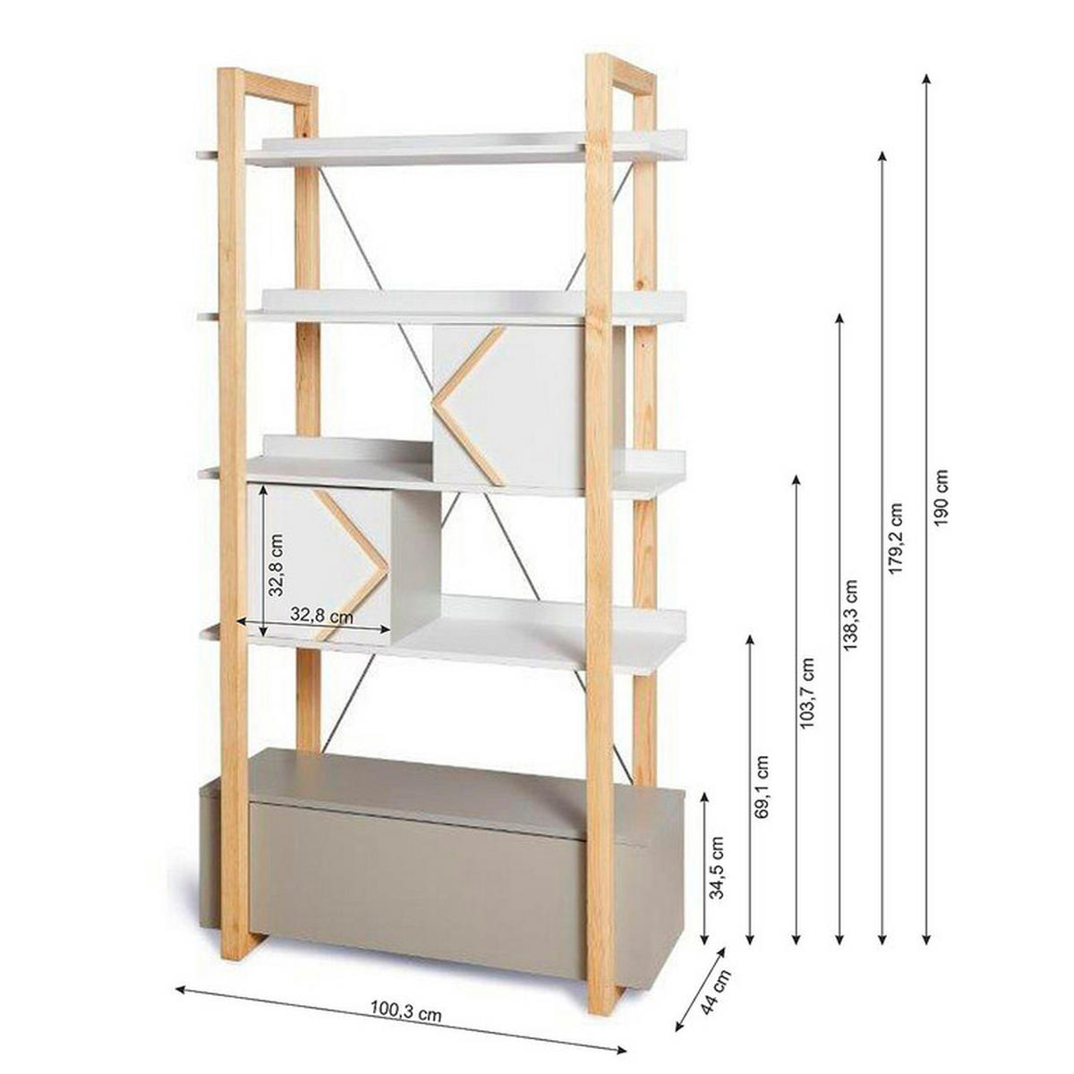 KNIHOVNA Bílá a šedá - bílá, kompozitní dřevo (100/190/44cm) - Petits-meubles