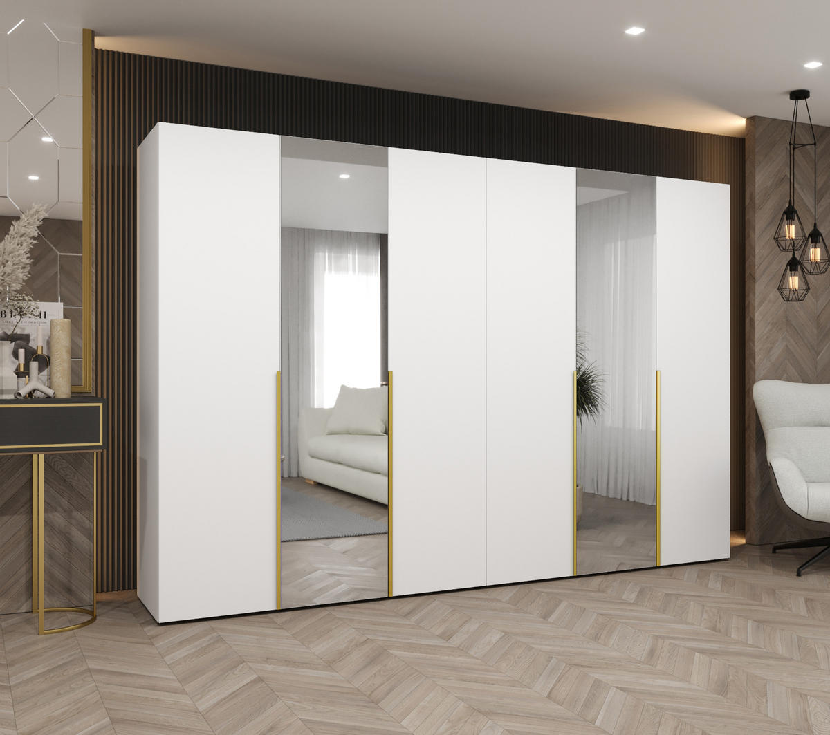 DREHTÜRENSCHRANK 202/300/52 6-türig - Goldfarben/Weiß, Holz (300/202/52cm) - Abiks Möbel