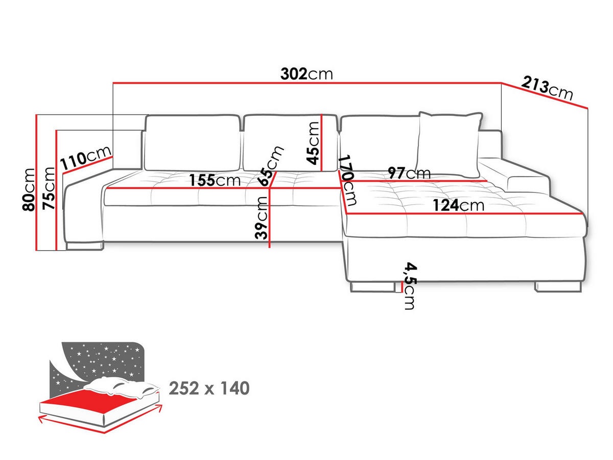 ECKSOFA Orkan - Schwarz, Holz/Textil (302/213cm) - MIRJAN24