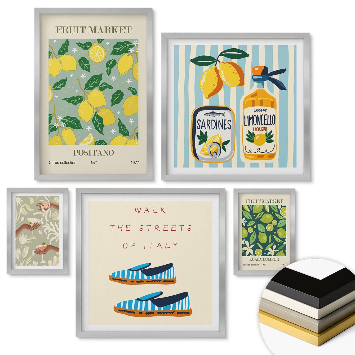 WANDBILDER 5er Set - 50x50 cm & 20x30 cm & 40x60 cm Silberner Rahmen - Zitrusfrüchte der italienischen Tropen - Silberfarben, Kunststoff (40/60cm) - ArtPrintCave