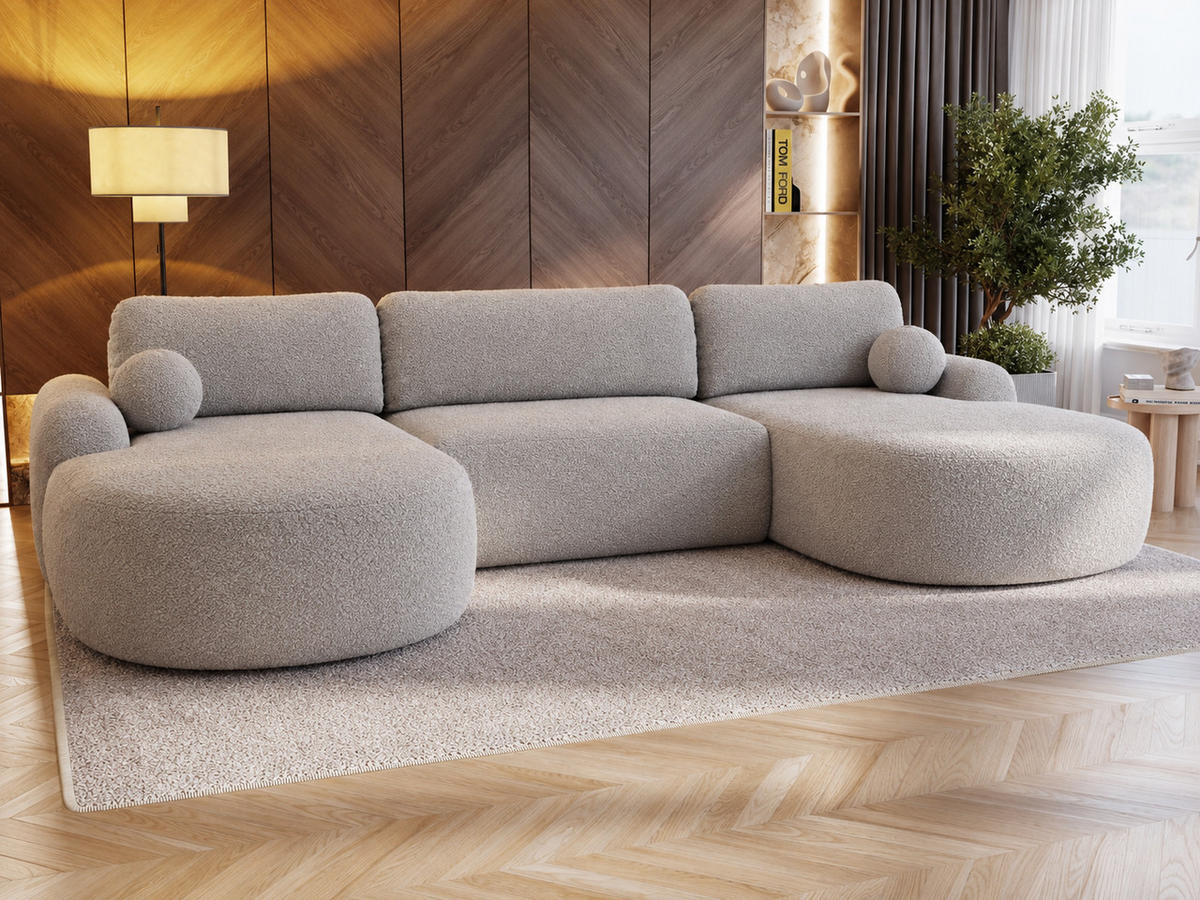 ECKSOFA Aurio U Bouclé-Stoff Grau - Schwarz/Grau, Kunststoff/Textil (347/177cm) - Graingold