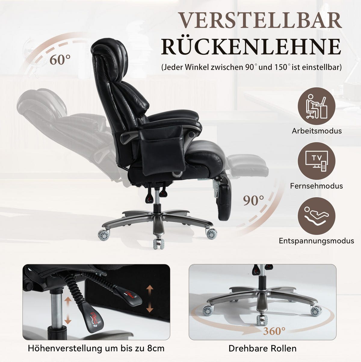 BÜROSTUHL mit Massage- und Heizfunktion PU-Leder Black - Schwarz, Kunststoff (76.5/121.5/85.5cm) - Meubliv
