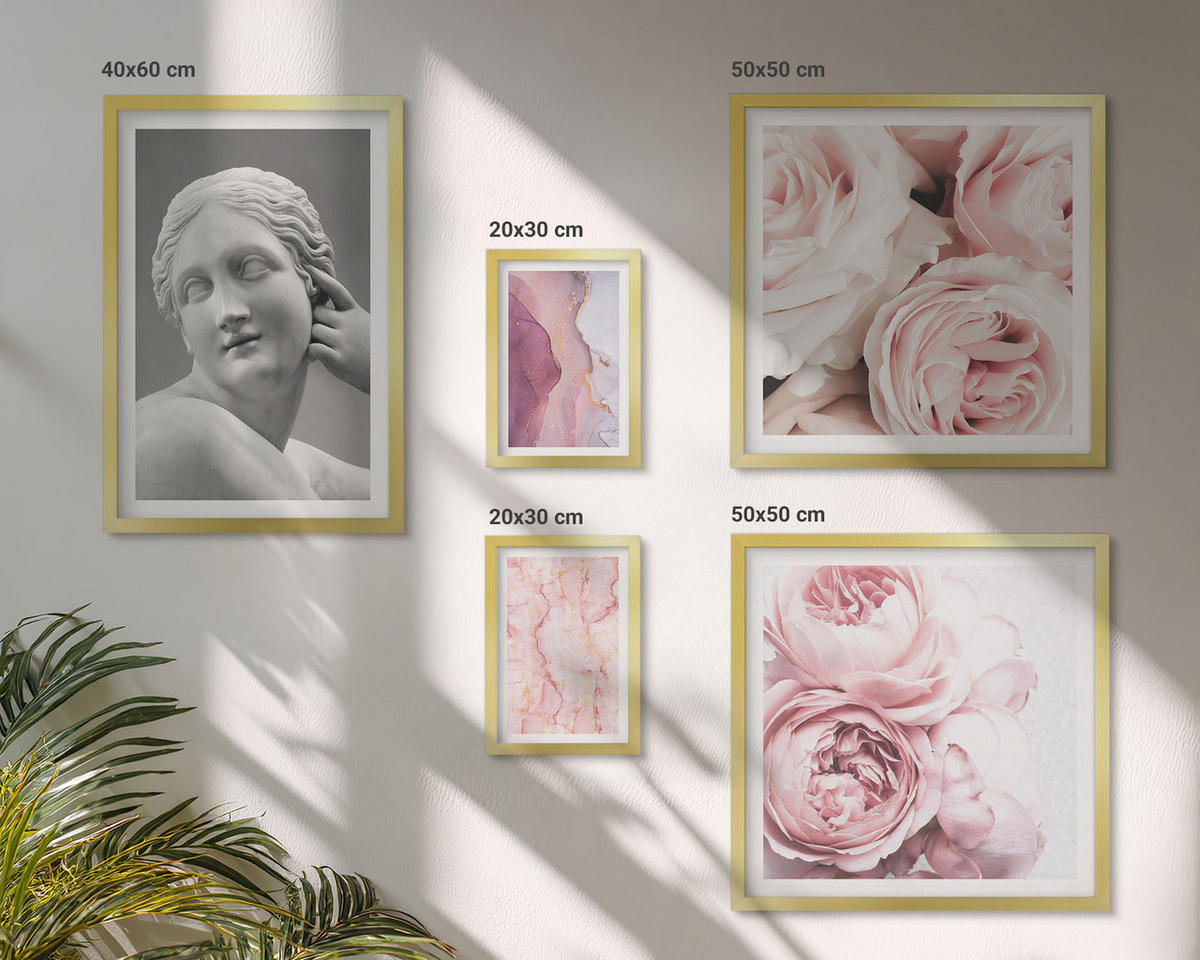 BILDER SET 5er Set - 50x50 cm & 20x30 cm & 40x60 cm Goldrahmen - Pfingstrosenskulptur einer Frau - Goldfarben, Kunststoff (40/60cm) - TULUP