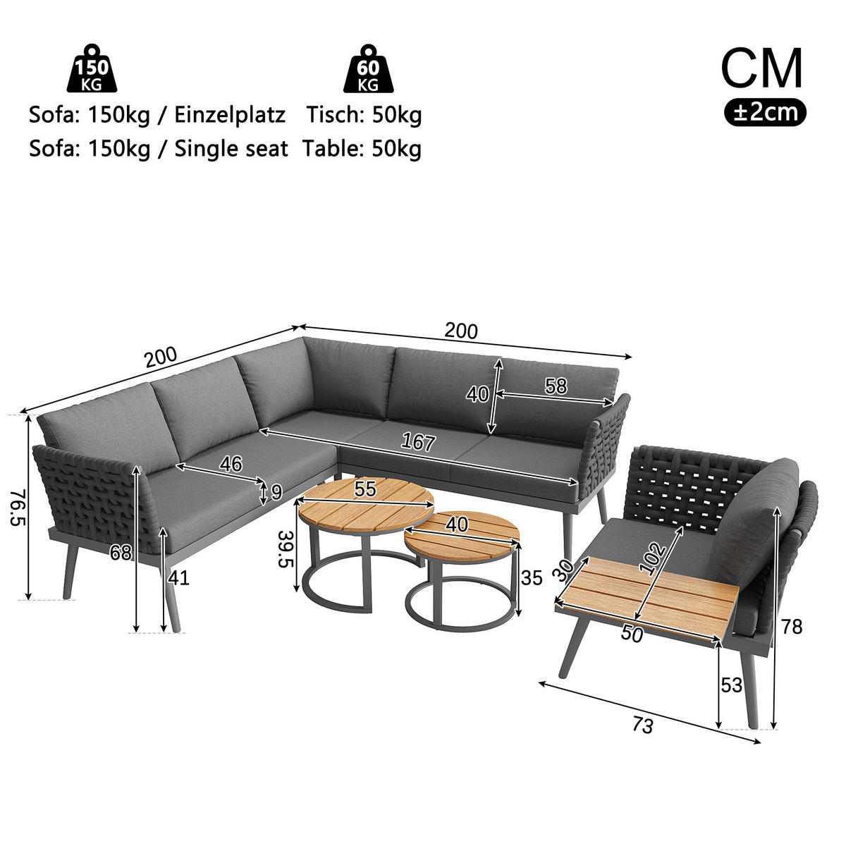GARTENSET L-Form 6 Personen Grau Inkl. 2 Tische & Sessel Mit Polstern - Grau, Metall - FLIEKS