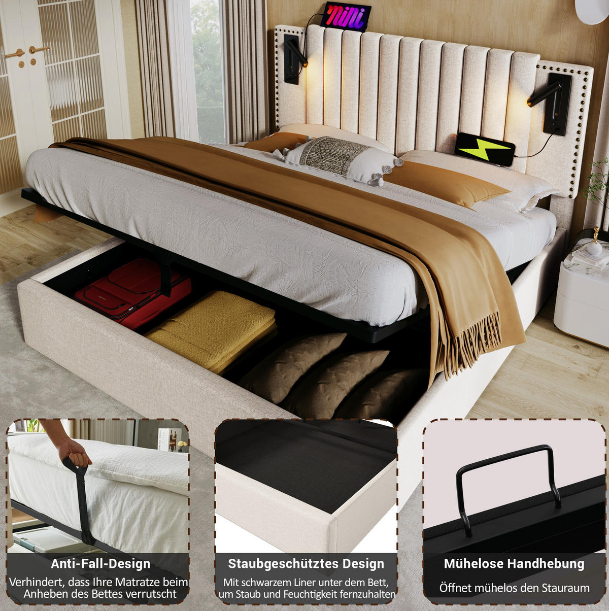 POLSTERBETT 140/200 cm mit Matratze, USB-Typ-C, Leselicht, Bettkasten und verstellbarem Kopfteil, Beige - Beige, Textil (140/200cm) - Redom