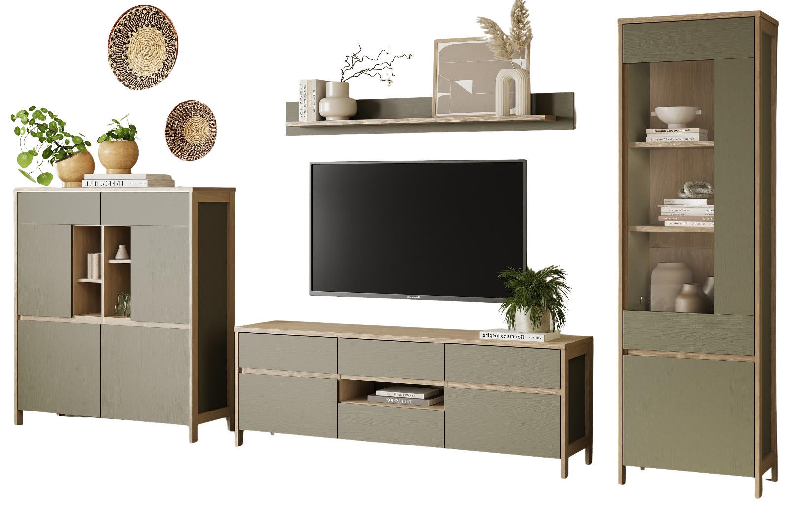 WOHNWAND Salbei grün, Eiche, Wohnkombination skandinavisch 4-teilig 360 cm, Soft-Close - Salbeigrün/Eichefarben, Holzwerkstoff/Metall (363/195/39cm) - Furn.Design