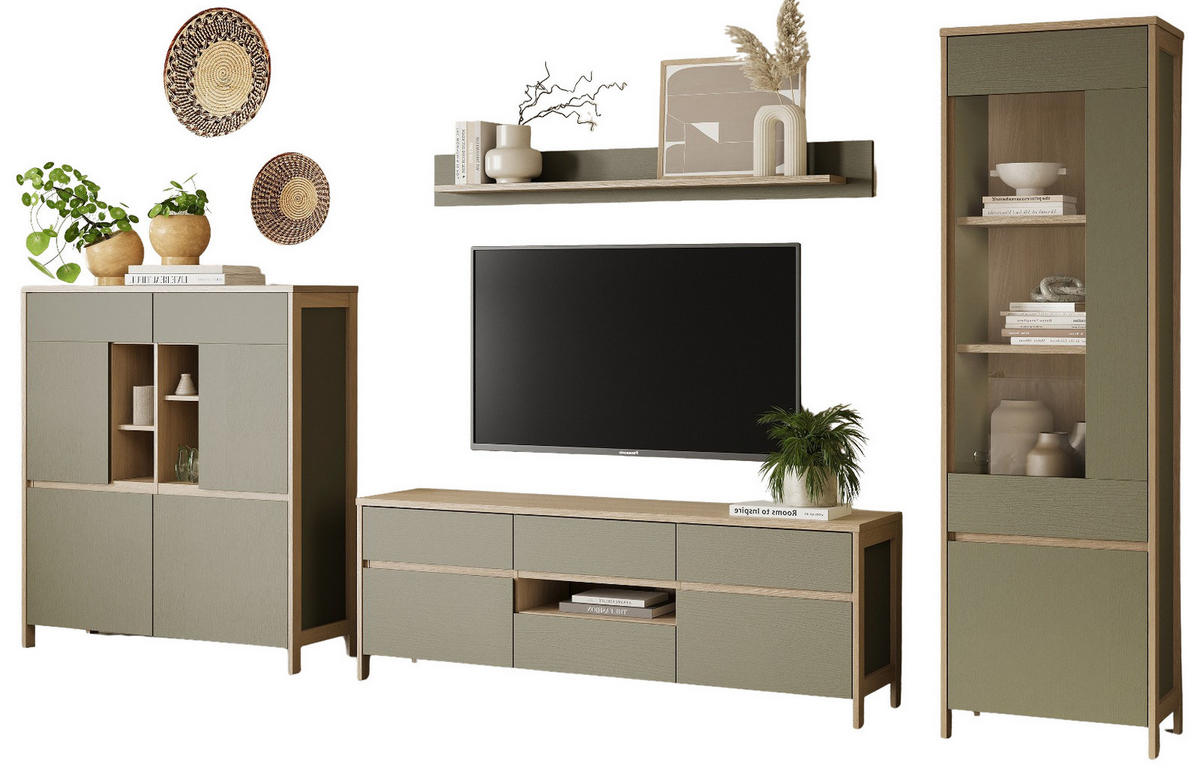 WOHNWAND Salbei grün, Eiche, Wohnkombination skandinavisch 4-teilig 360 cm, Soft-Close - Salbeigrün/Eichefarben, Holzwerkstoff/Metall (363/195/39cm) - Furn.Design