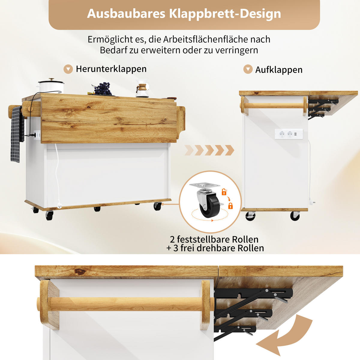 KÜCHENWAGEN in Weiß Kücheninsel aus Rollen mit ausklappbarer Arbeitsplatte & Stromanschluss, 134×46/74×88cm(B x T x H) - Weiß, Holzwerkstoff/Metall (134/88/46cm) - STILVORA