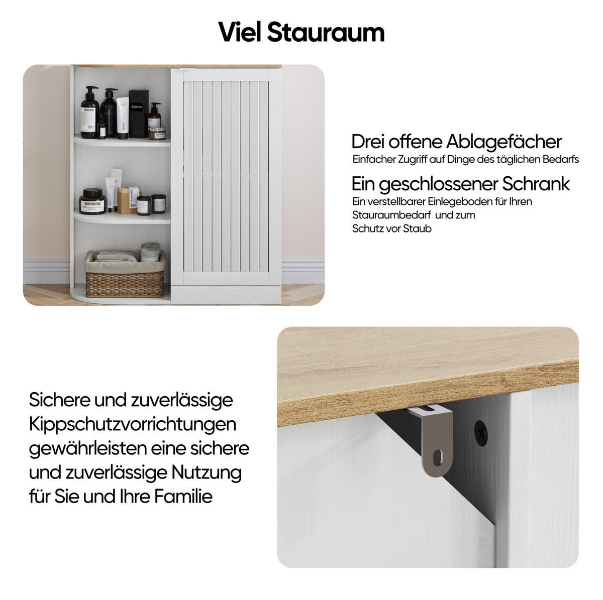 BADEZIMMERSCHRANK 68x25x76 cm Weiß & Eiche mit 3 offenen Regalen & Schrank - Weiß, Holzwerkstoff (68/76/25cm) - Modfu