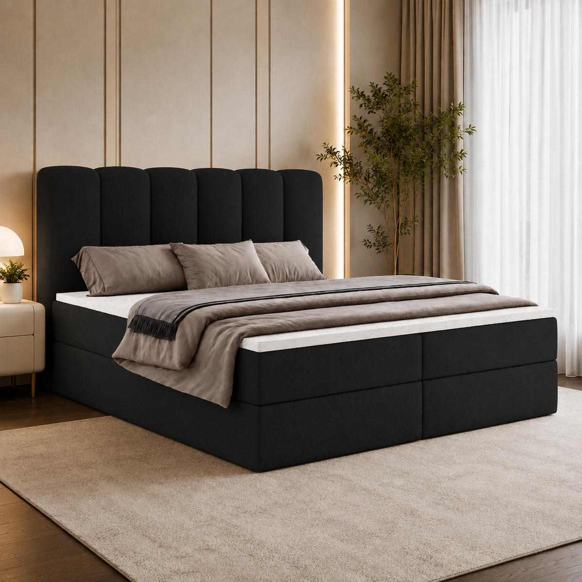 BOXBET NOLARO 160x200 cm Komplett-Set mit Bettkasten, Bonell-Matratze und Topper, Bouclé Schwarz - Schwarz, Textil (160/200cm) - Luxkor24