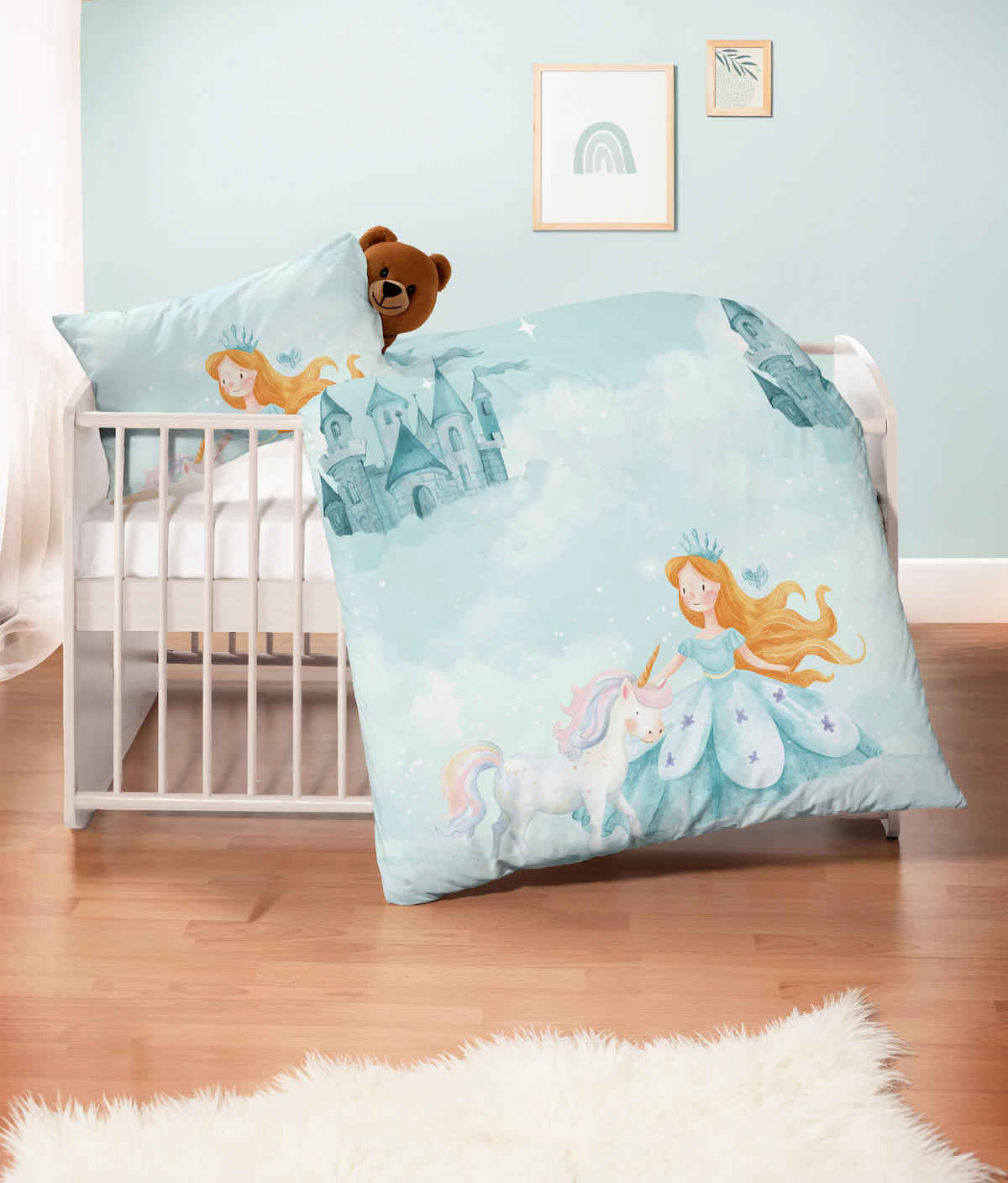 BETTWÄSCHE-GARNITUR Biber Prinzessin Einhorn ciel, 100x135 cm + 40x60 cm - Hellblau, Textil (100/135cm) - biberna